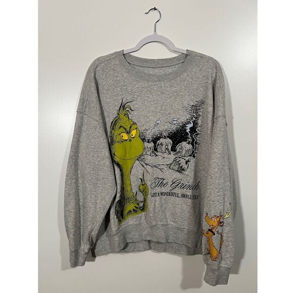 The Grinch Sweatshirt Dr. Seuss Crewment in Size XL Light Gray Embroidered - Picture 1 of 7